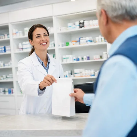 A pharmacist hands a paper bag to a customer at a pharmacy counter
