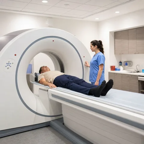 A patient lies on the table of a large scanning machine while a technician stands beside it