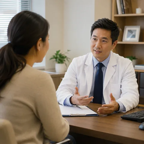 A doctor talks with a patient across a desk