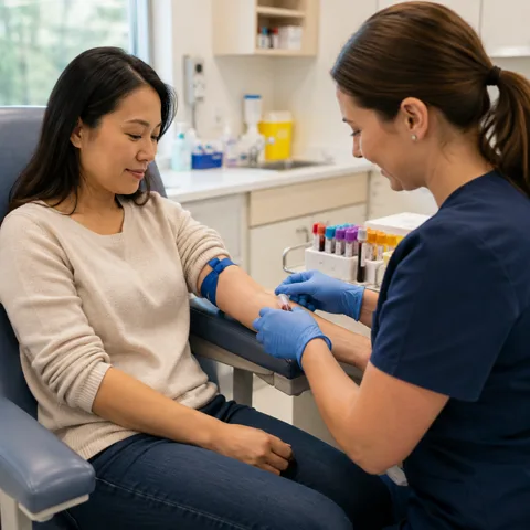 A nurse draws blood from a patient's arm